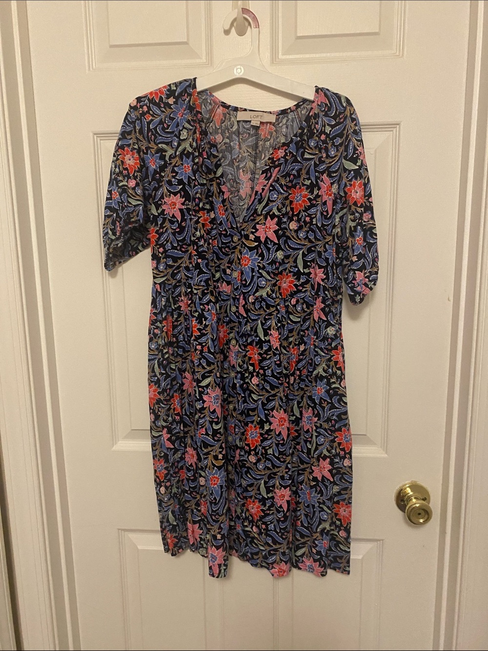 LOFT Black with bright floral Dress with Pink & Red Flowers